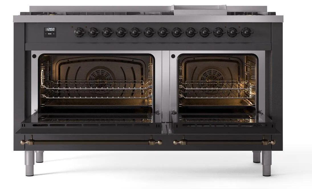 Ilve UP60FNMPMGBLP Nostalgie Ii 60 Inch Dual Fuel Liquid Propane Freestanding Range In Matte Graphite With Bronze Trim