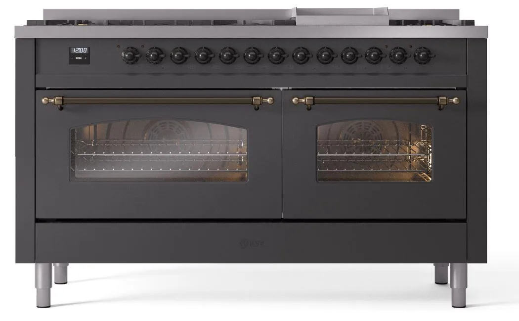 Ilve UP60FNMPMGBLP Nostalgie Ii 60 Inch Dual Fuel Liquid Propane Freestanding Range In Matte Graphite With Bronze Trim