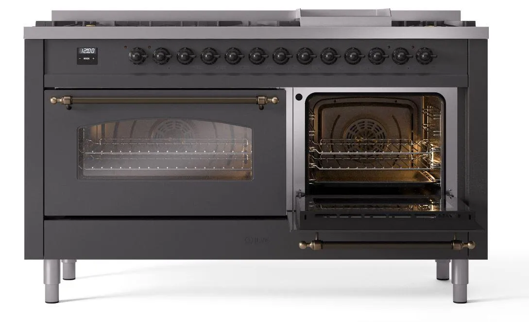 Ilve UP60FNMPMGBLP Nostalgie Ii 60 Inch Dual Fuel Liquid Propane Freestanding Range In Matte Graphite With Bronze Trim