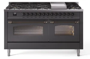 Ilve UP60FNMPMGBLP Nostalgie Ii 60 Inch Dual Fuel Liquid Propane Freestanding Range In Matte Graphite With Bronze Trim