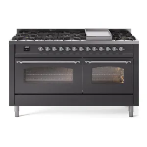 Ilve UP60FNMPMGCLP Nostalgie Ii 60 Inch Dual Fuel Liquid Propane Freestanding Range In Matte Graphite With Chrome Trim