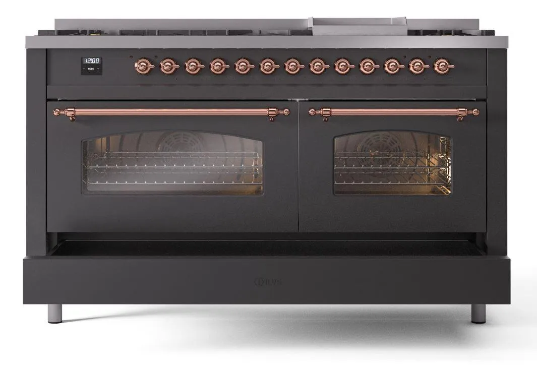 Ilve UP60FNMPMGPLP Nostalgie Ii 60 Inch Dual Fuel Liquid Propane Freestanding Range In Matte Graphite With Copper Trim