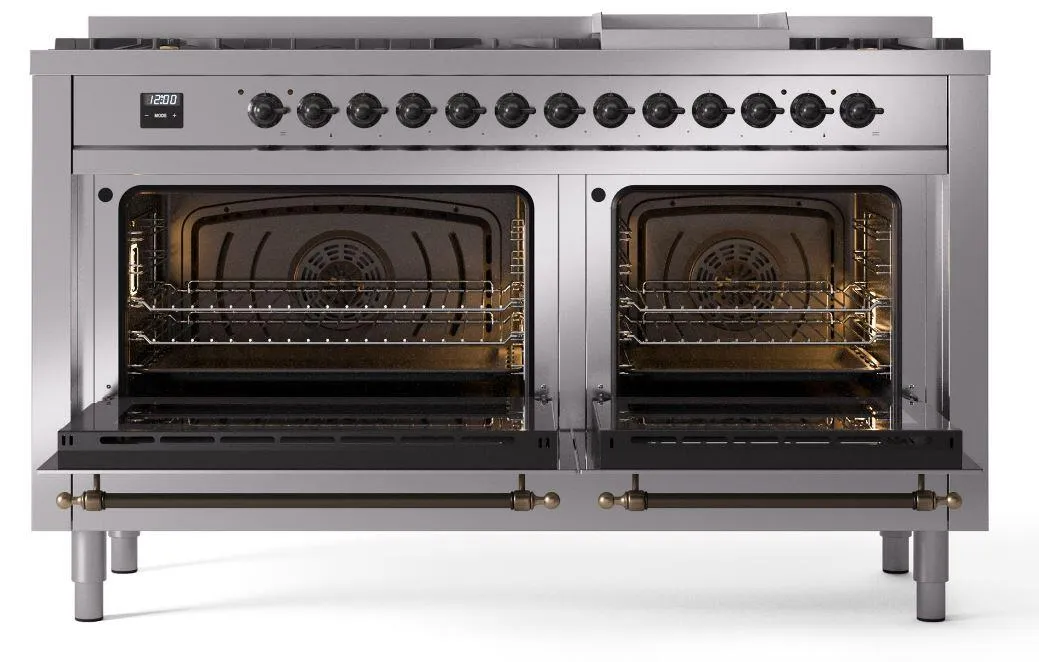 Ilve UP60FNMPSSB Nostalgie Ii 60 Inch Dual Fuel Natural Gas Freestanding Range In Stainless Steel With Bronze Trim