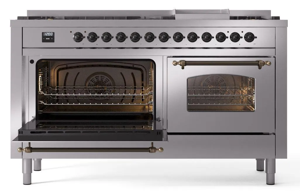Ilve UP60FNMPSSB Nostalgie Ii 60 Inch Dual Fuel Natural Gas Freestanding Range In Stainless Steel With Bronze Trim