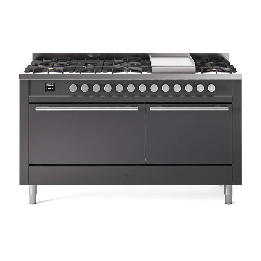 Ilve UP60FQMPMG Ilve Professional Plus Ii 60 Up60Fqmpmg Freestanding Dual Fuel Range With 9 Sealed Burners Double Oven With Solid Door In Graphite Matte With Stainless Steel Knobs
