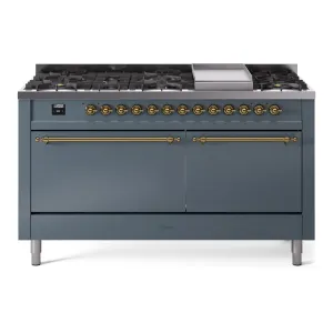 Ilve UP60FQNMPBGGLP Nostalgie Ii 60 Inch Dual Fuel Liquid Propane Freestanding Range In Blue Grey With Brass Trim