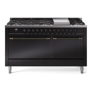 Ilve UP60FQNMPBKBLP Nostalgie Ii 60 Inch Dual Fuel Liquid Propane Freestanding Range In Glossy Black With Bronze Trim