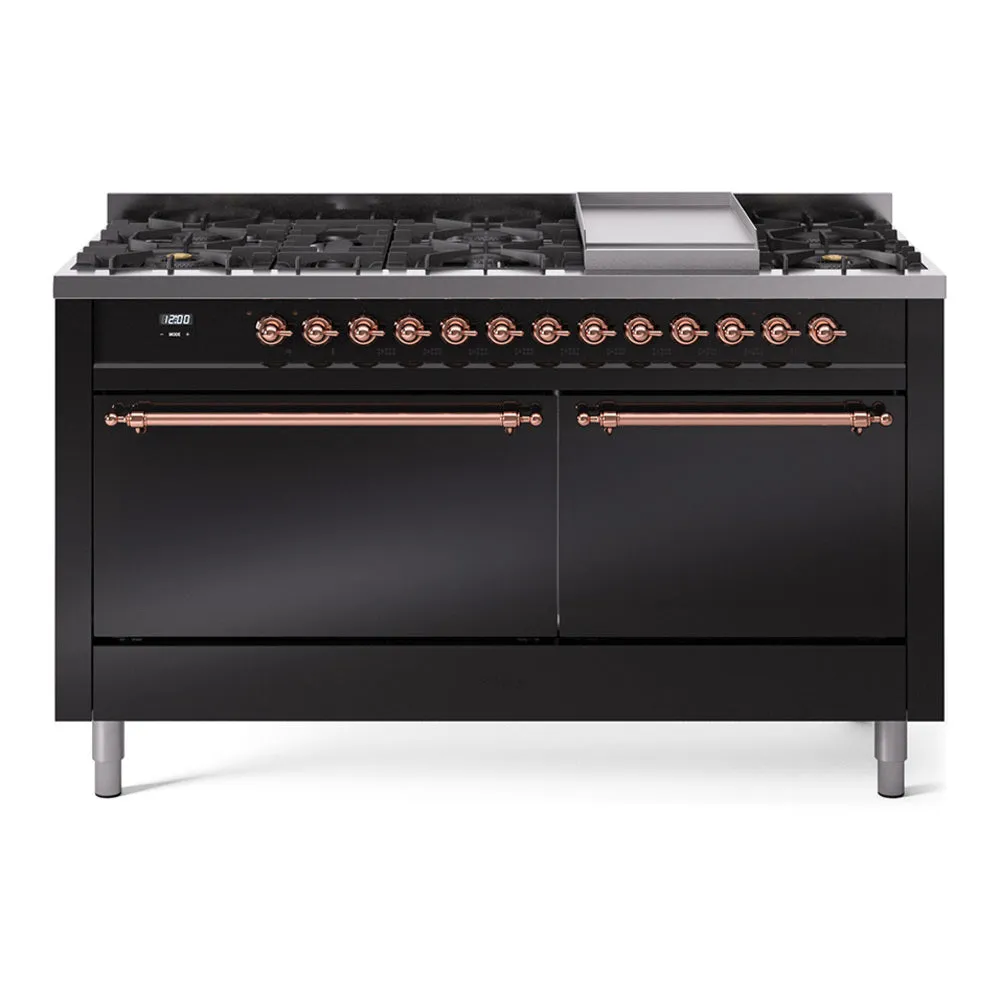 Ilve UP60FQNMPBKP Nostalgie Ii 60 Inch Dual Fuel Natural Gas Freestanding Range In Glossy Black With Copper Trim