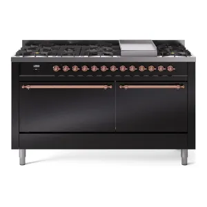 Ilve UP60FQNMPBKP Nostalgie Ii 60 Inch Dual Fuel Natural Gas Freestanding Range In Glossy Black With Copper Trim