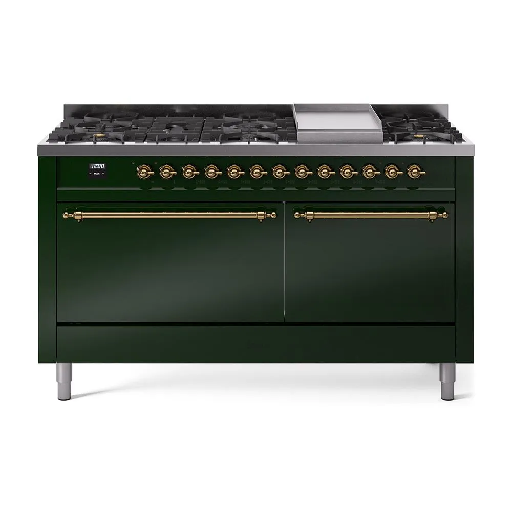 Ilve UP60FQNMPEGG Ilve Nostalgie Ii 60 Up60Fqnmpegg Freestanding Dual Fuel Range With 9 Sealed Burners Double Oven With Solid Door In Emerald Green With Brass Knobs