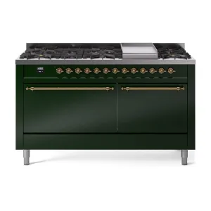 Ilve UP60FQNMPEGG Ilve Nostalgie Ii 60 Up60Fqnmpegg Freestanding Dual Fuel Range With 9 Sealed Burners Double Oven With Solid Door In Emerald Green With Brass Knobs