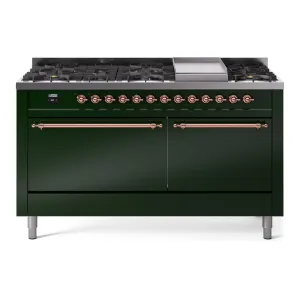 Ilve UP60FQNMPEGPLP Nostalgie Ii 60 Inch Dual Fuel Liquid Propane Freestanding Range In Emerald Green With Copper Trim