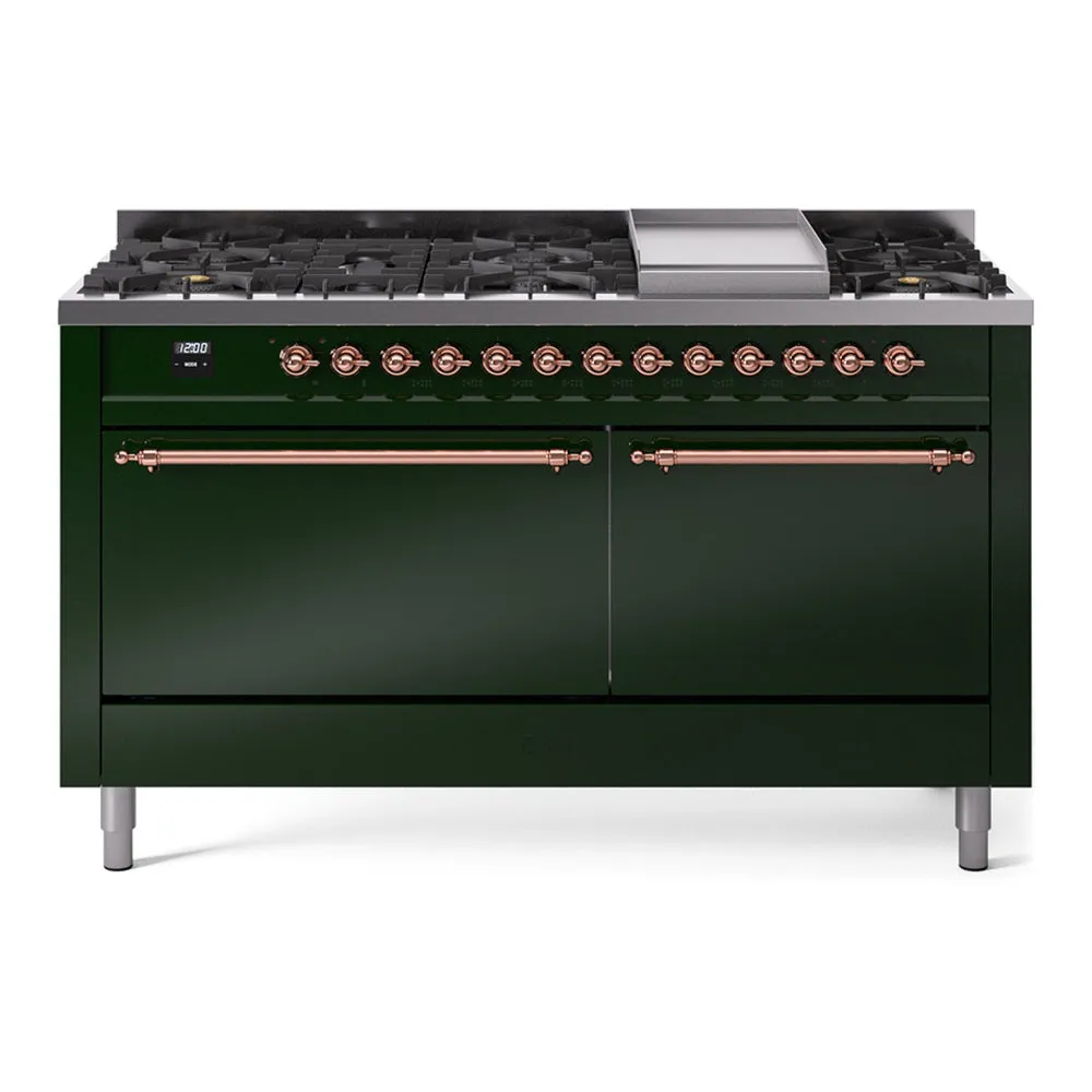 Ilve UP60FQNMPEGPLP Nostalgie Ii 60 Inch Dual Fuel Liquid Propane Freestanding Range In Emerald Green With Copper Trim