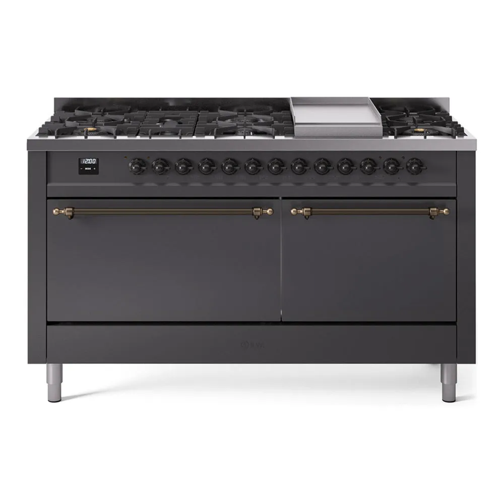 Ilve UP60FQNMPMGBLP Nostalgie Ii 60 Inch Dual Fuel Liquid Propane Freestanding Range In Matte Graphite With Bronze Trim