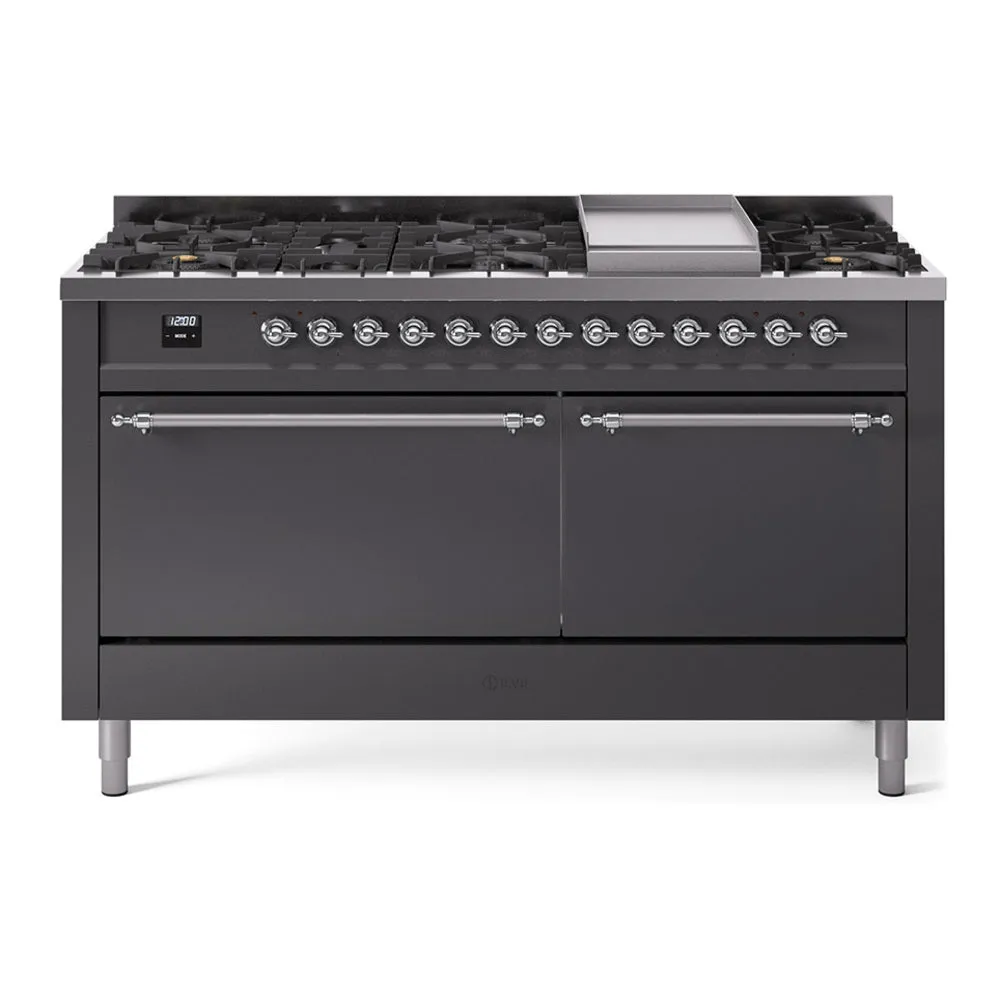 Ilve UP60FQNMPMGC Nostalgie Ii 60 Inch Dual Fuel Natural Gas Freestanding Range In Matte Graphite With Chrome Trim