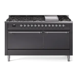 Ilve UP60FQNMPMGC Nostalgie Ii 60 Inch Dual Fuel Natural Gas Freestanding Range In Matte Graphite With Chrome Trim