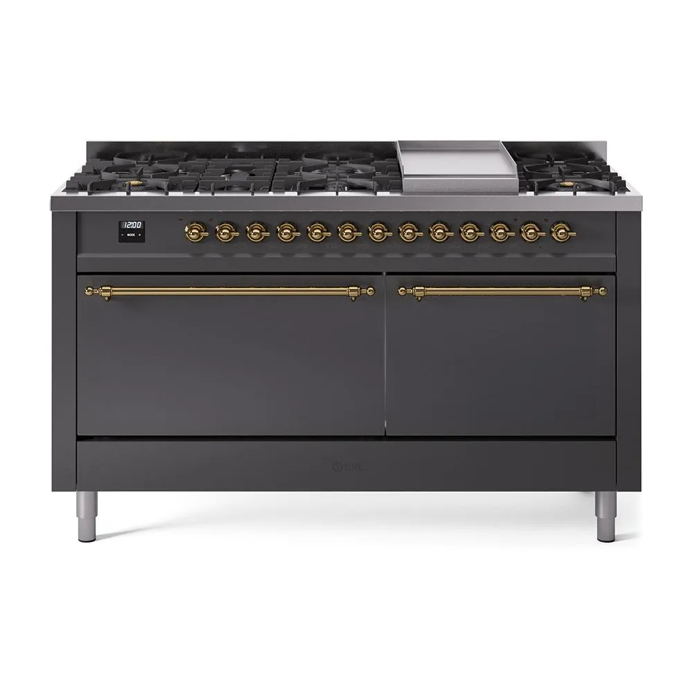Ilve UP60FQNMPMGG Ilve Nostalgie Ii 60 Up60Fqnmpmgg Freestanding Dual Fuel Range With 9 Sealed Burners Double Oven With Solid Door In Graphite Matte With Brass Knobs