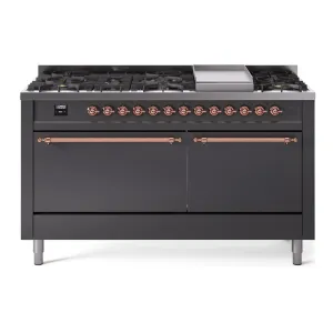 Ilve UP60FQNMPMGP Nostalgie Ii 60 Inch Dual Fuel Natural Gas Freestanding Range In Matte Graphite With Copper Trim