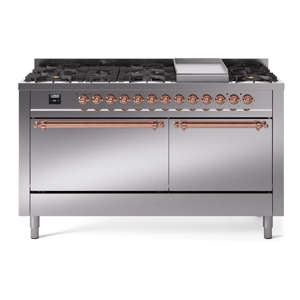 Ilve UP60FQNMPSSPLP Nostalgie Ii 60 Inch Dual Fuel Liquid Propane Freestanding Range In Stainless Steel With Copper Trim
