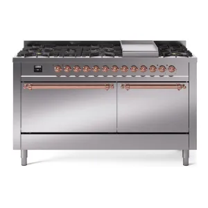 Ilve UP60FQNMPSSPLP Nostalgie Ii 60 Inch Dual Fuel Liquid Propane Freestanding Range In Stainless Steel With Copper Trim