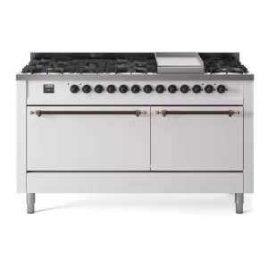 Ilve UP60FQNMPWHB Nostalgie Ii 60 Inch Dual Fuel Natural Gas Freestanding Range In White With Bronze Trim