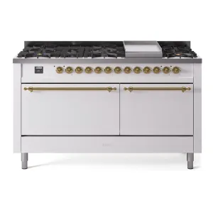 Ilve UP60FQNMPWHGLP Nostalgie Ii 60 Inch Dual Fuel Liquid Propane Freestanding Range In White With Brass Trim