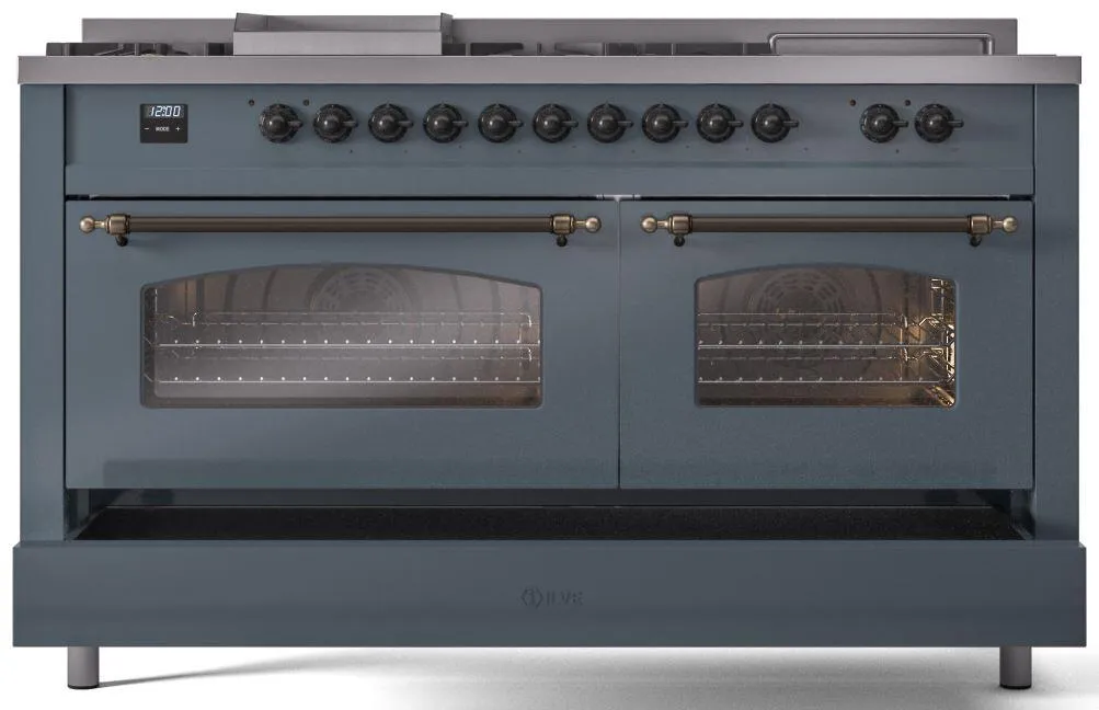 Ilve UP60FSNMPBGBLP Nostalgie Ii 60 Inch Dual Fuel Liquid Propane Freestanding Range In Blue Grey With Bronze Trim