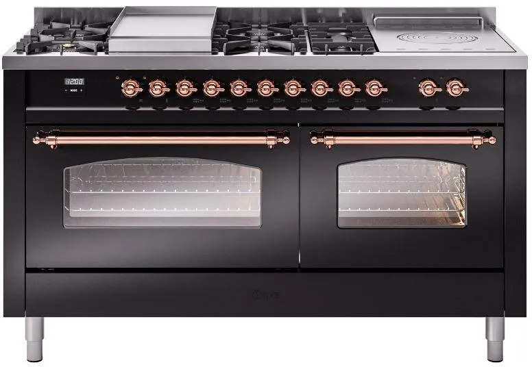 Ilve UP60FSNMPBKP Nostalgie Ii 60 Inch Dual Fuel Natural Gas Freestanding Range In Glossy Black With Copper Trim