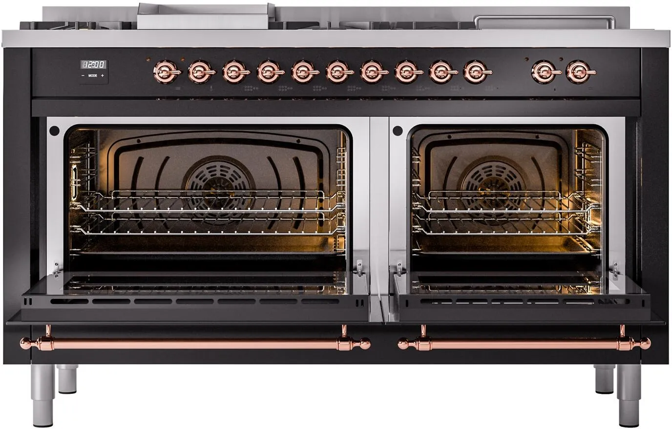 Ilve UP60FSNMPBKPLP Nostalgie Ii 60 Inch Dual Fuel Liquid Propane Freestanding Range In Glossy Black With Copper Trim