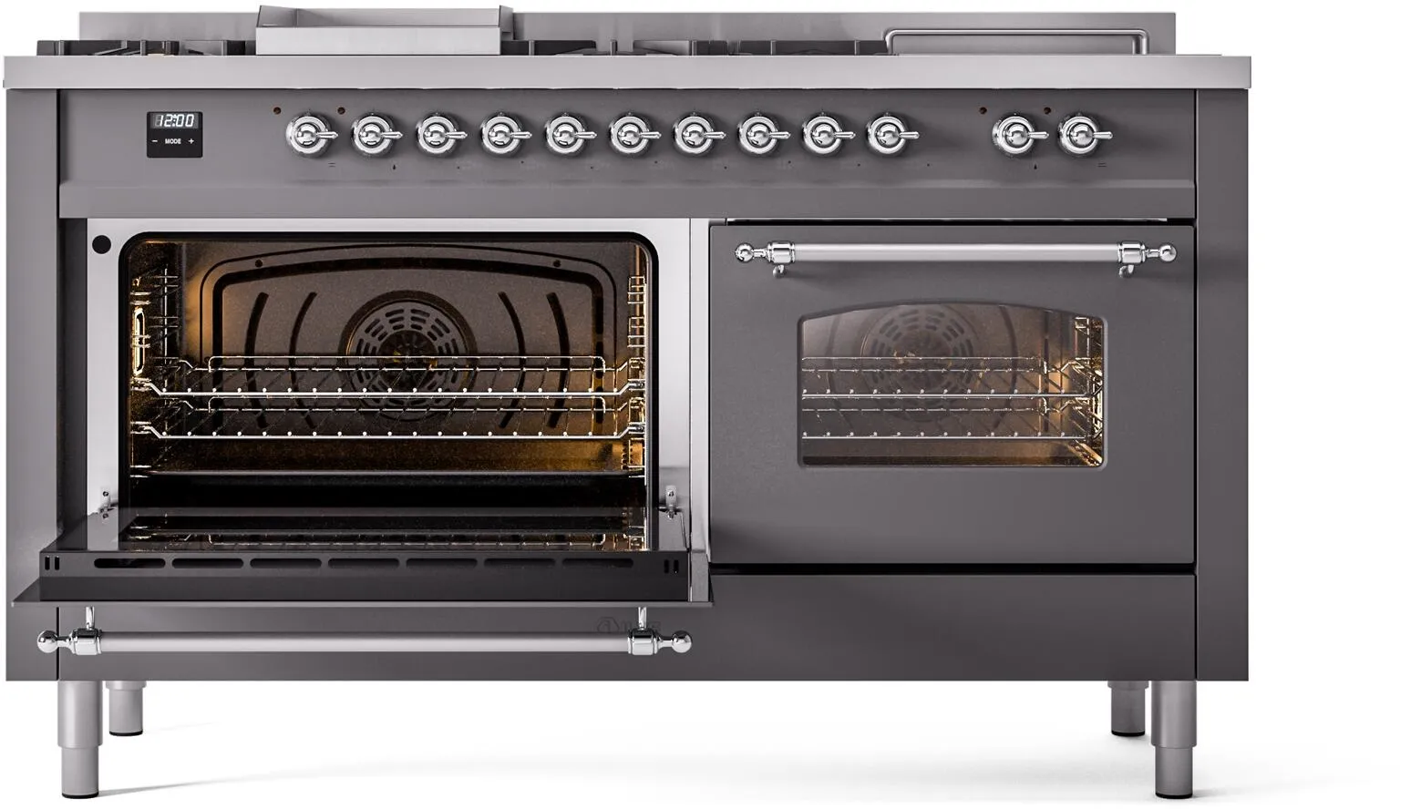 Ilve UP60FSNMPMGCLP Nostalgie Ii 60 Inch Dual Fuel Liquid Propane Freestanding Range In Matte Graphite With Chrome Trim