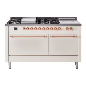 Ilve UP60FSQNMPAWPLP Nostalgie Ii 60 Inch Dual Fuel Liquid Propane Freestanding Range In Antique White With Copper Trim