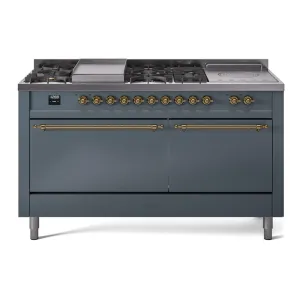 Ilve UP60FSQNMPBGG Nostalgie Ii 60 Inch Dual Fuel Natural Gas Freestanding Range In Blue Grey With Brass Trim