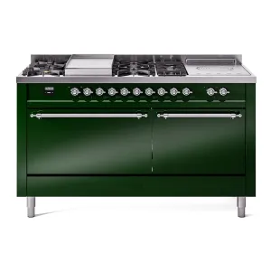 Ilve UP60FSQNMPEGCLP Nostalgie Ii 60 Inch Dual Fuel Liquid Propane Freestanding Range In Emerald Green With Chrome Trim