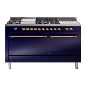 Ilve UP60FSQNMPMBP Nostalgie Ii 60 Inch Dual Fuel Natural Gas Freestanding Range In Blue With Copper Trim