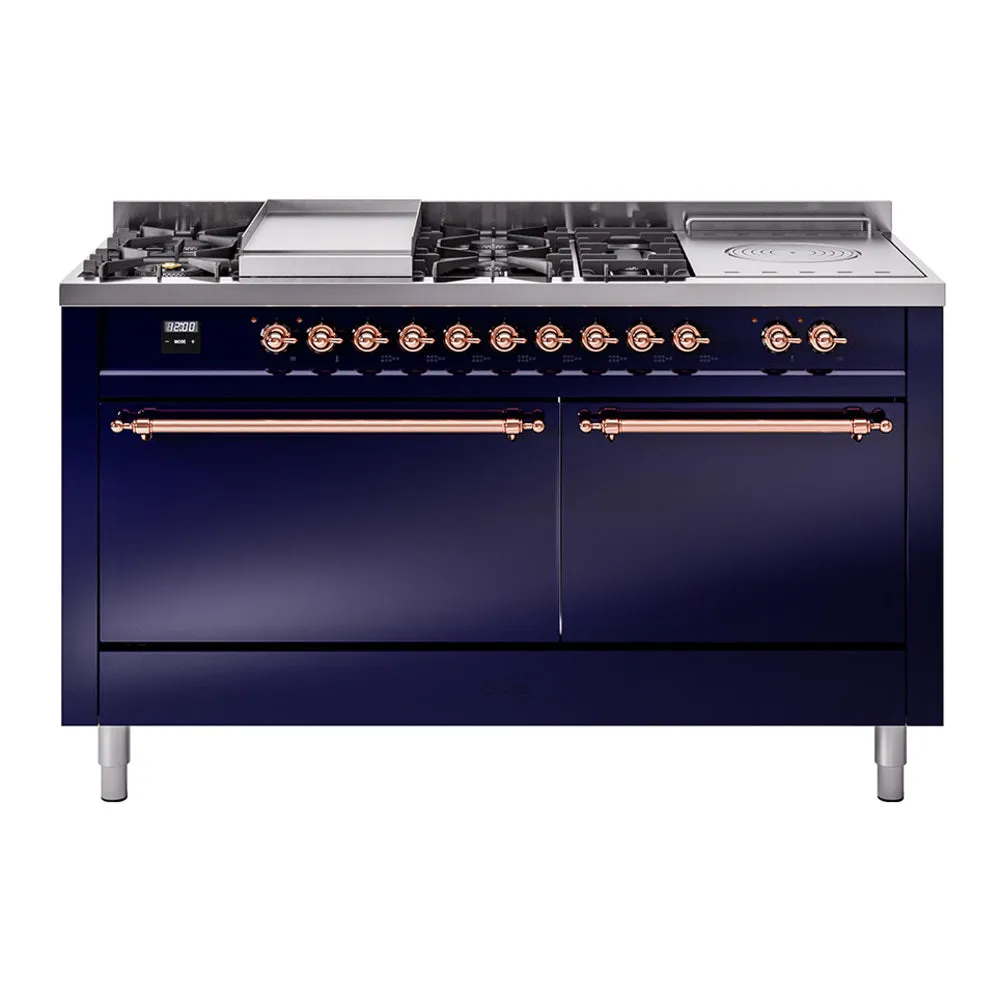 Ilve UP60FSQNMPMBP Nostalgie Ii 60 Inch Dual Fuel Natural Gas Freestanding Range In Blue With Copper Trim