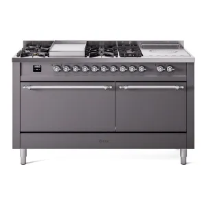 Ilve UP60FSQNMPMGCLP Nostalgie Ii 60 Inch Dual Fuel Liquid Propane Freestanding Range In Matte Graphite With Chrome Trim