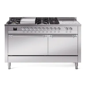 Ilve UP60FSQNMPSSC Nostalgie Ii 60 Inch Dual Fuel Natural Gas Freestanding Range In Stainless Steel With Chrome Trim