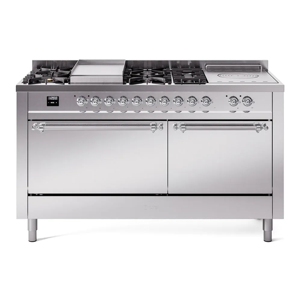 Ilve UP60FSQNMPSSC Nostalgie Ii 60 Inch Dual Fuel Natural Gas Freestanding Range In Stainless Steel With Chrome Trim