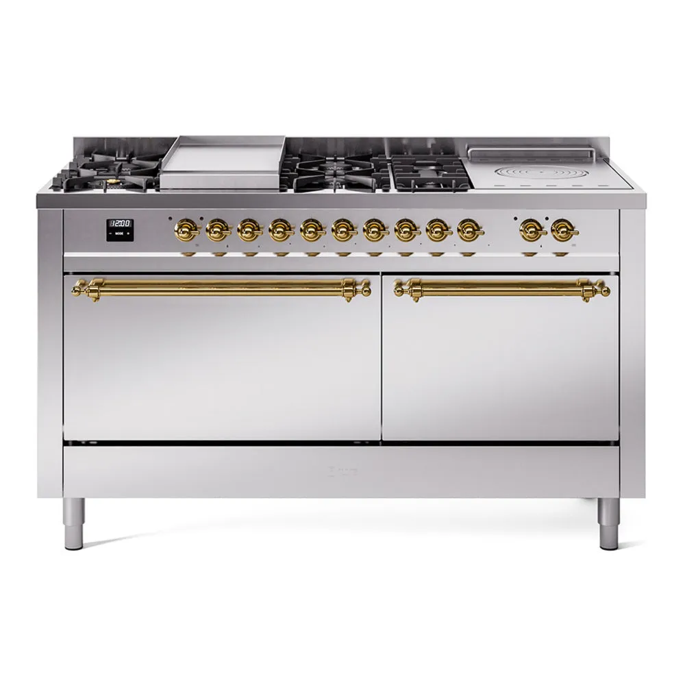 Ilve UP60FSQNMPSSGLP Nostalgie Ii 60 Inch Dual Fuel Liquid Propane Freestanding Range In Stainless Steel With Brass Trim