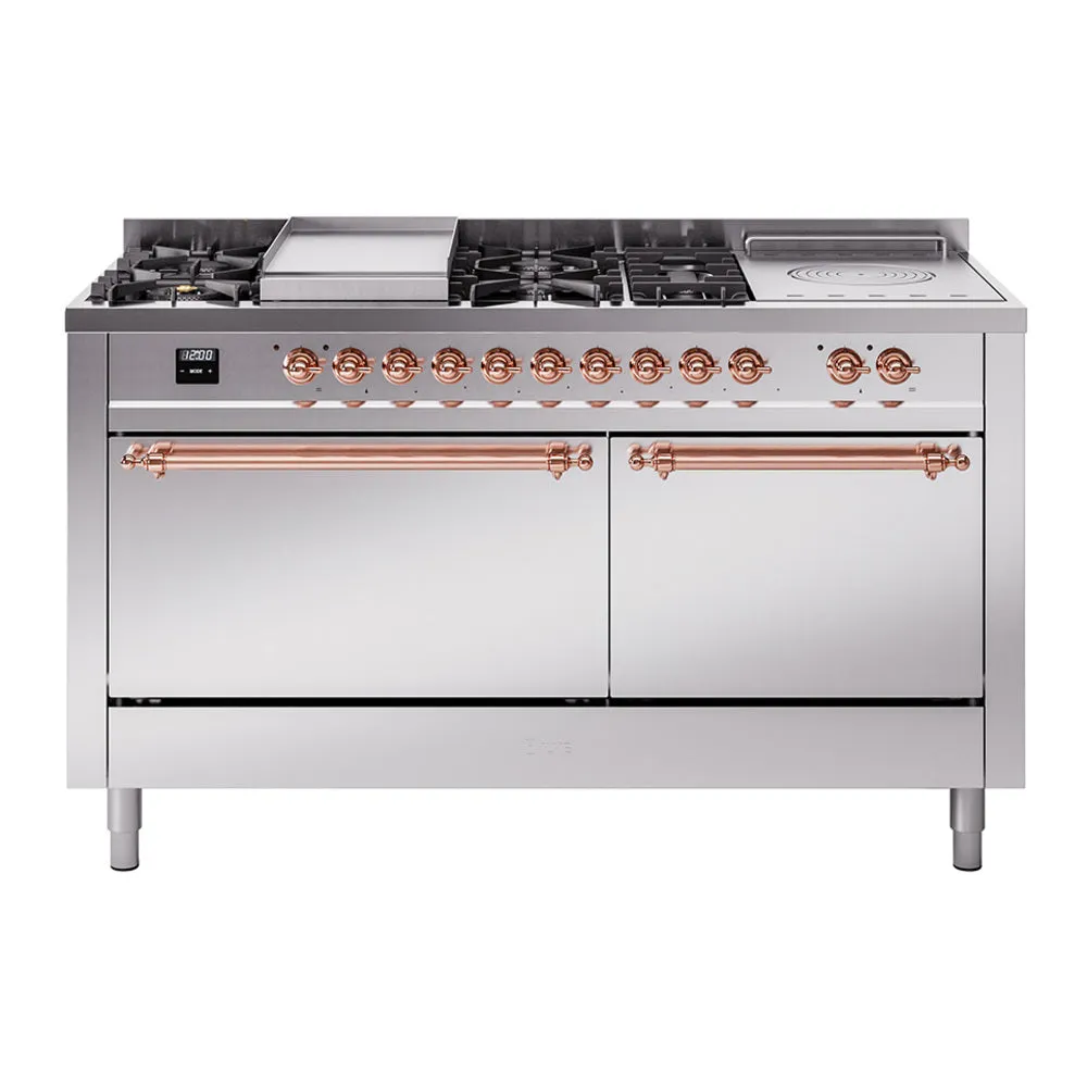 Ilve UP60FSQNMPSSP Nostalgie Ii 60 Inch Dual Fuel Natural Gas Freestanding Range In Stainless Steel With Copper Trim
