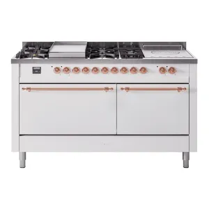 Ilve UP60FSQNMPWHP Nostalgie Ii 60 Inch Dual Fuel Natural Gas Freestanding Range In White With Copper Trim