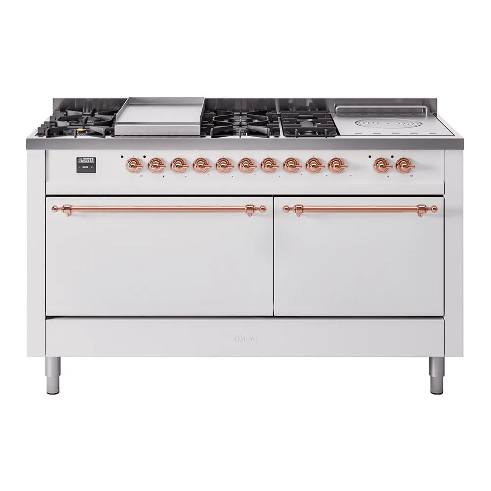 Ilve UP60FSQNMPWHP Nostalgie Ii 60 Inch Dual Fuel Natural Gas Freestanding Range In White With Copper Trim