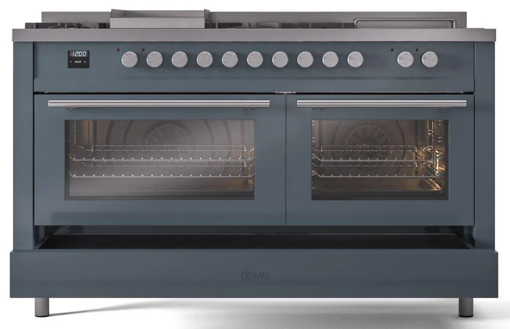 Ilve UP60FSWMPBG Professional Plus Ii 60 Inch Dual Fuel Natural Gas Freestanding Range In Blue Grey With Trim