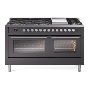 Ilve UP60FWMPMG Professional Plus Ii 60 Inch Dual Fuel Natural Gas Freestanding Range In Matte Graphite With Trim