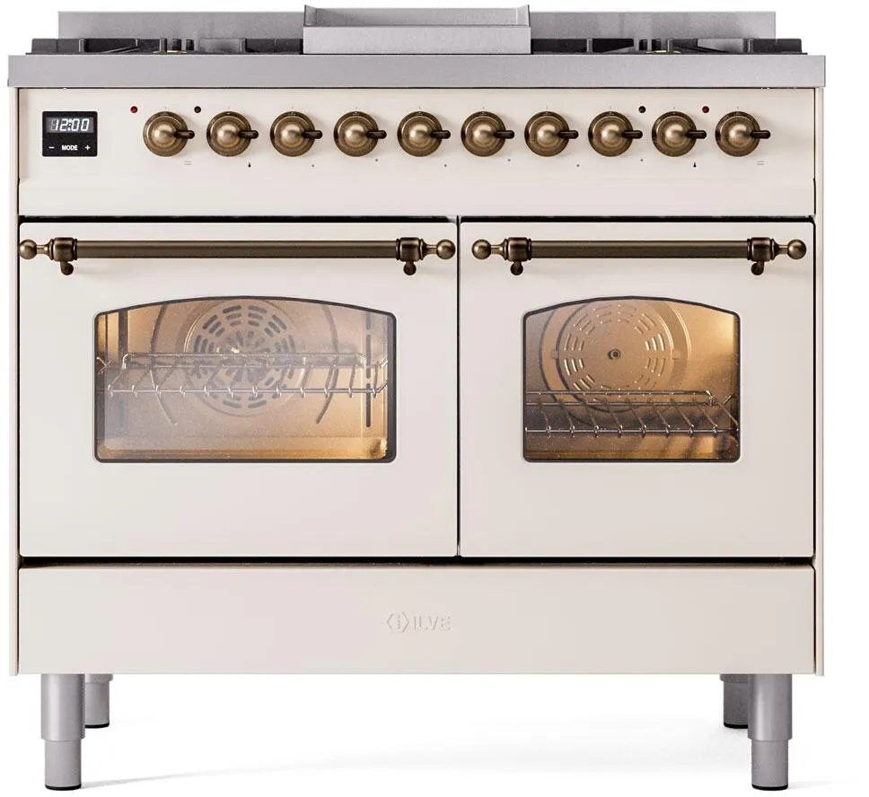 Ilve UPD40FNMPAWB Nostalgie Ii 40 Inch Dual Fuel Natural Gas Freestanding Range In Antique White With Bronze Trim