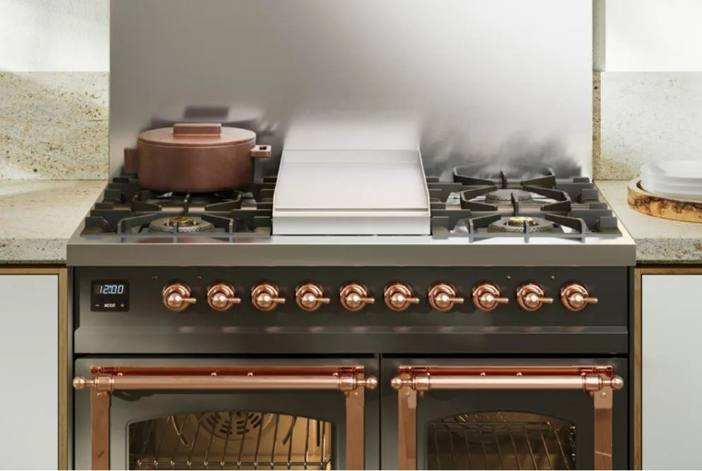 Ilve UPD40FNMPAWG Nostalgie Ii 40 Inch Dual Fuel Natural Gas Freestanding Range In Antique White With Brass Trim