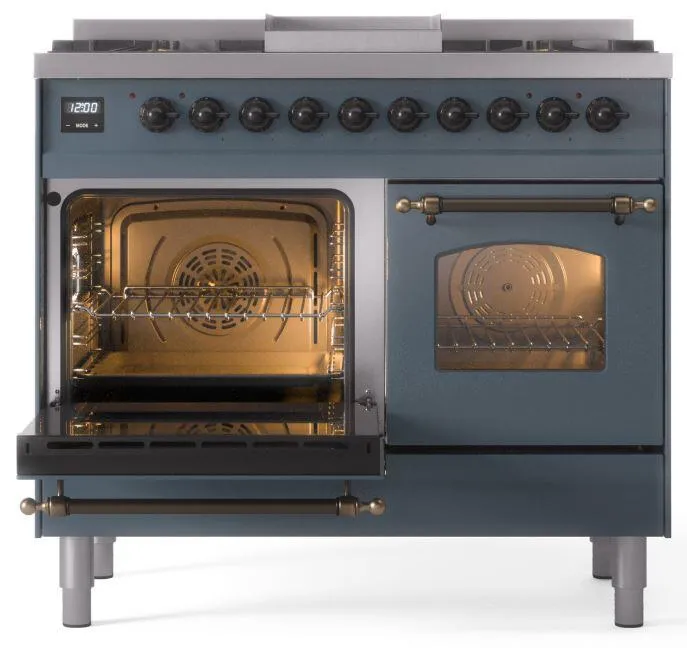 Ilve UPD40FNMPBGBLP Nostalgie Ii 40 Inch Dual Fuel Liquid Propane Freestanding Range In Blue Grey With Bronze Trim