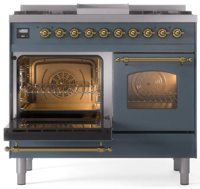 Ilve UPD40FNMPBGG Nostalgie Ii 40 Inch Dual Fuel Natural Gas Freestanding Range In Blue Grey With Brass Trim