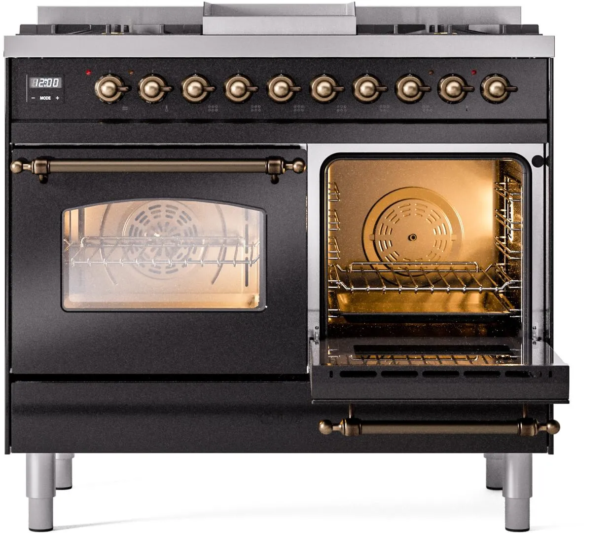 Ilve UPD40FNMPBKBLP Nostalgie Ii 40 Inch Dual Fuel Liquid Propane Freestanding Range In Glossy Black With Bronze Trim