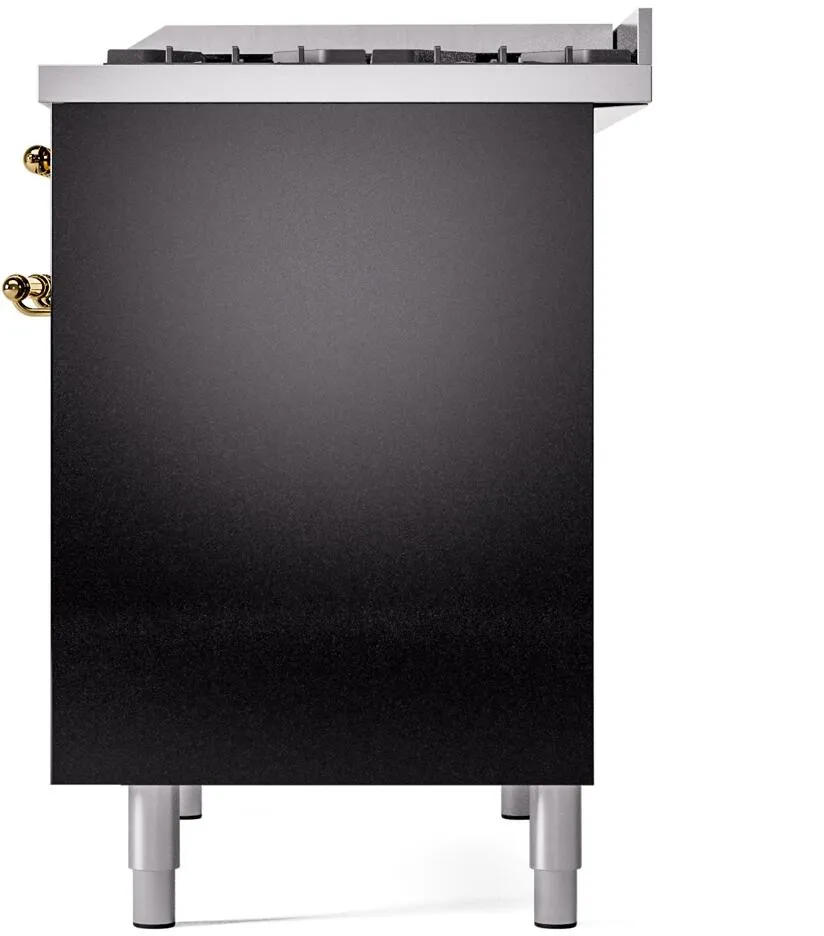 Ilve UPD40FNMPBKG Nostalgie Ii 40 Inch Dual Fuel Natural Gas Freestanding Range In Glossy Black With Brass Trim